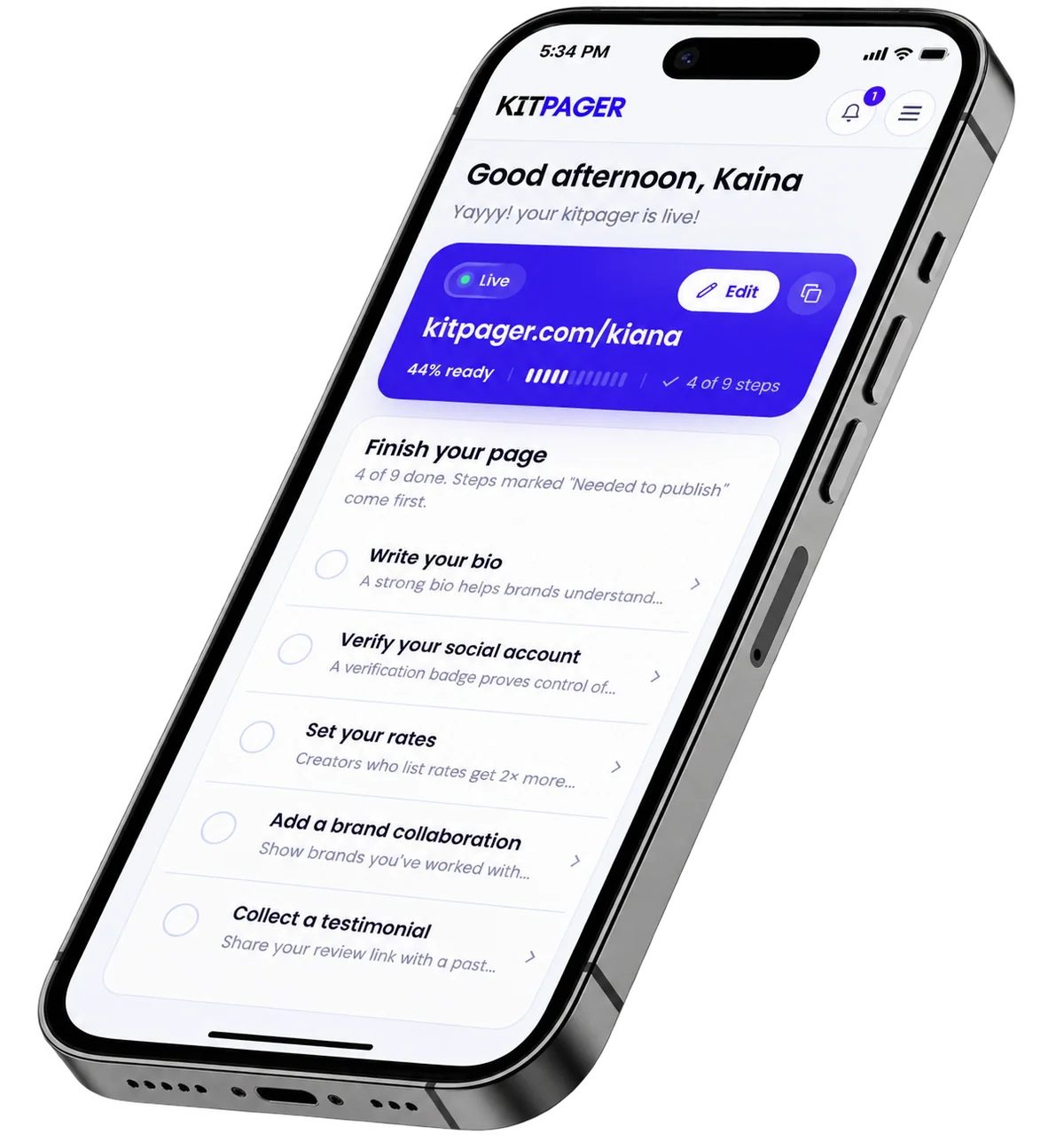 The Kitpager creator workspace on a phone
